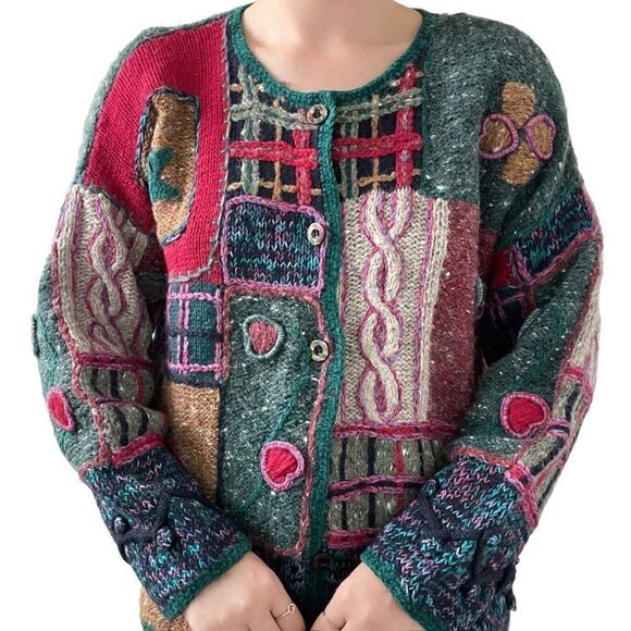 Vintage 90s Womens Express Hand Knit Ugly Sweater Wool Blend Cardigan Sz S - Picture 3 of 7